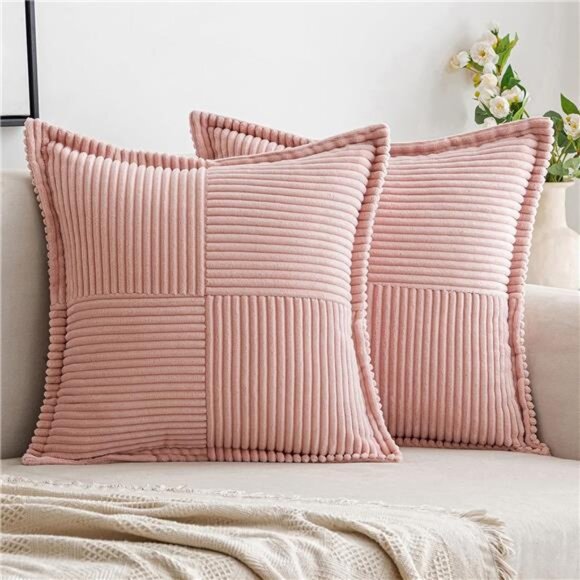 Corduroy Pillow Covers, 18x18 Boho Striped Decorative Cushions,‎ Set of 2 (Pink) - Picture 1 of 7